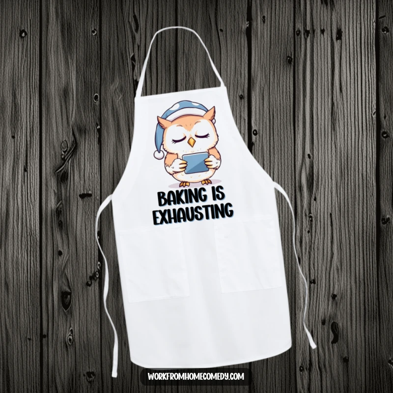Funny owl wearing a nightcap, nodding off while holding a tablet on an apron, perfect for kitchen tasks and late-night browsing.