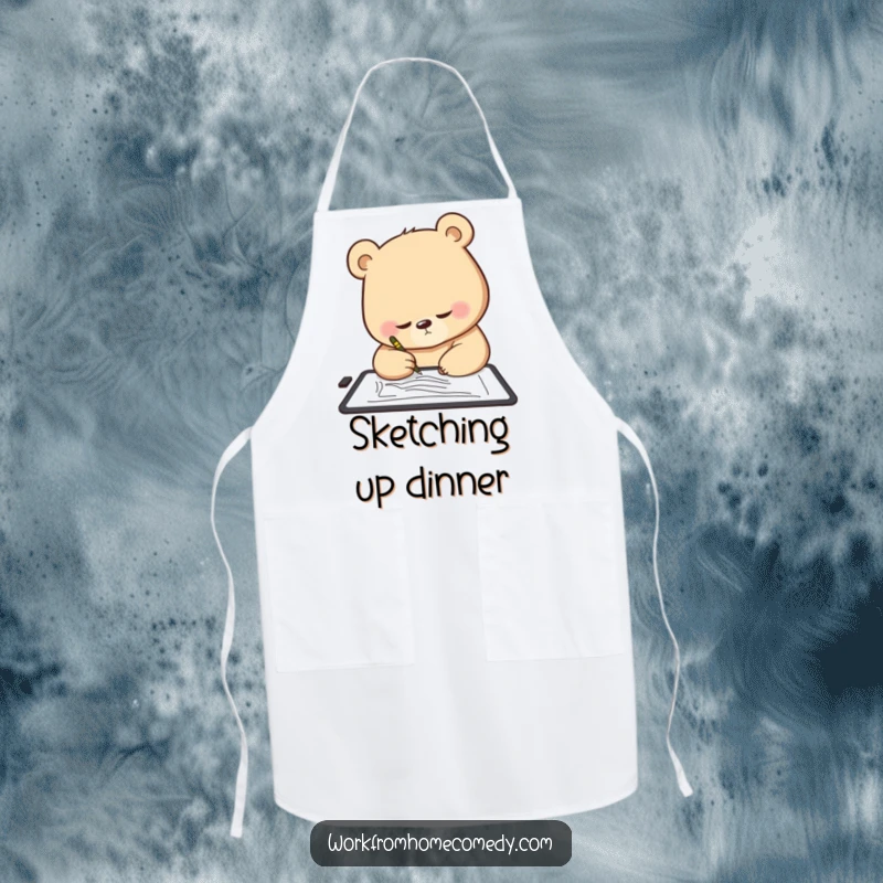 Funny Bear Apron: A determined bear intently sketching on a digital tablet, a humorous and practical art accessory.