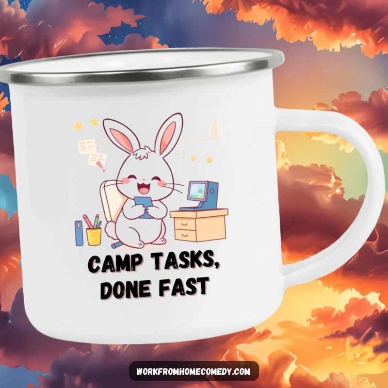 Funny Rabbit Camp Mug: A rabbit multitasking between video calls and tidying, a humorous and durable camp essential.