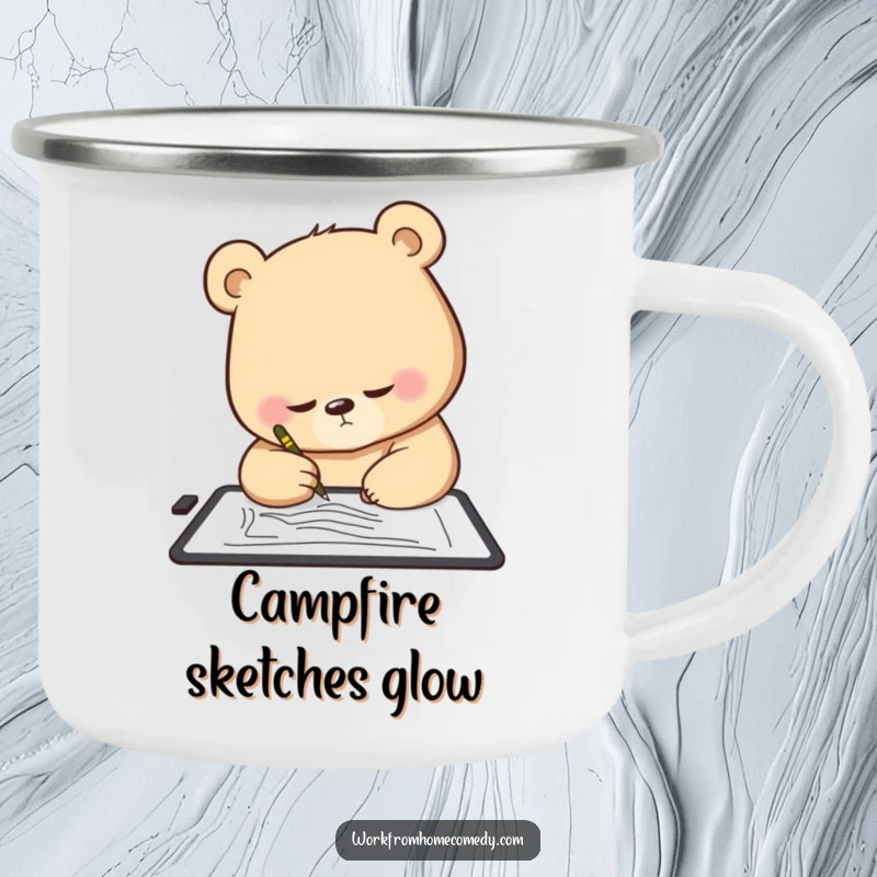 Funny Bear Camp Mug: A determined bear intently sketching on a digital tablet, a humorous camp essential for artists.