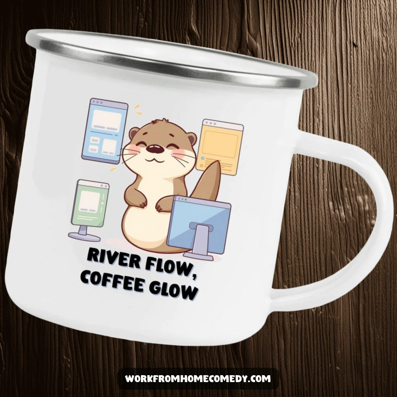 Funny Otter Camp Mug: An otter gliding between virtual windows with a contented sigh, a humorous camp essential.