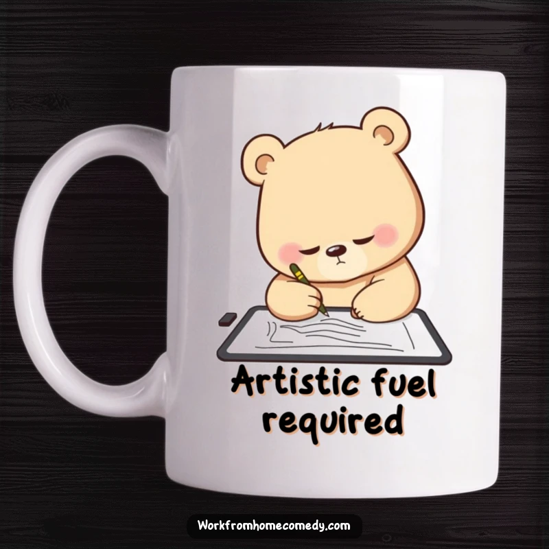 Funny Bear Artist Mug: A determined bear intently sketches on a digital tablet, showcasing creative focus.