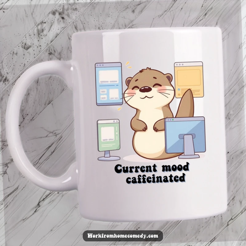 Funny Otter Mug: A busy otter gracefully glides between multiple virtual windows with a happy sigh, depicting office bliss.