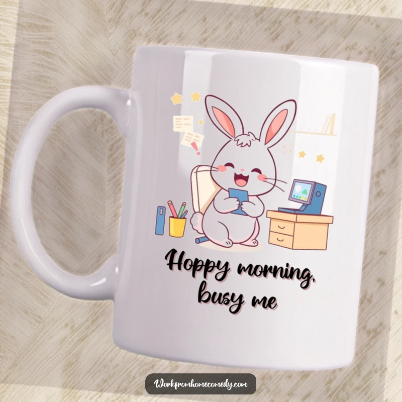 Funny Rabbit Mug: A playful rabbit cheerfully juggles video calls and tidying its desk, embodying WFH chaos.