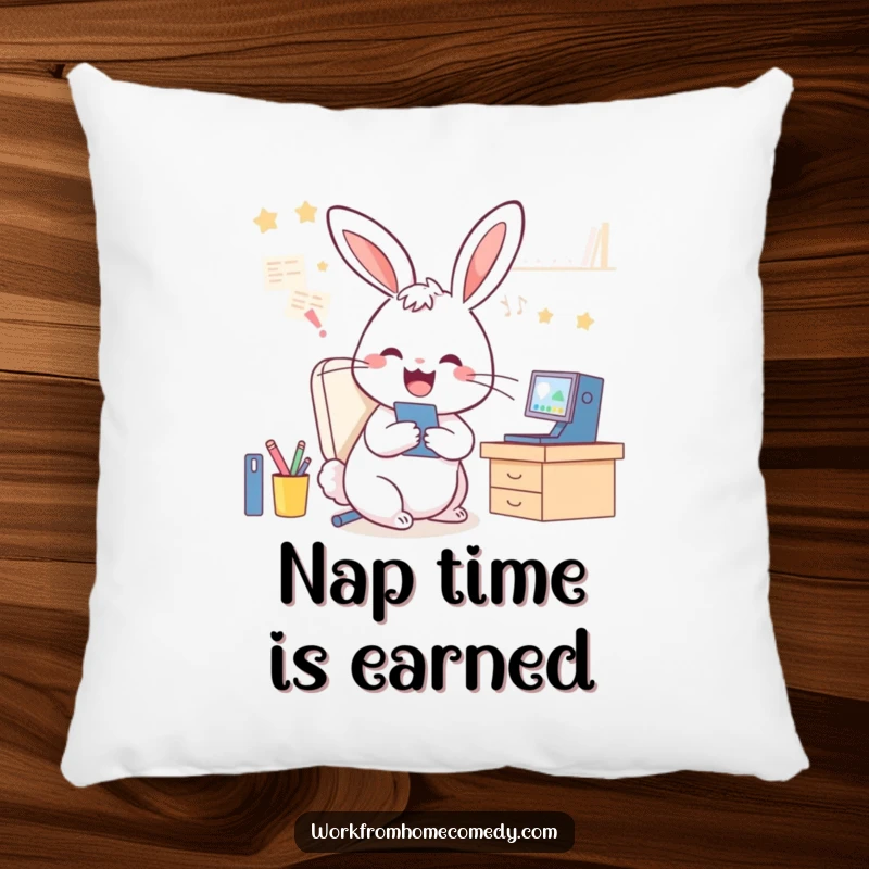 Funny Rabbit Pillow: A cute rabbit multitasking between video calls and tidying, a soft and humorous decorative item.