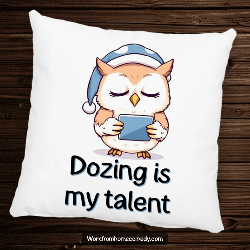 Funny owl in a nightcap nodding off while holding a tablet on a soft pillow, bringing comfort and tech-themed humor.