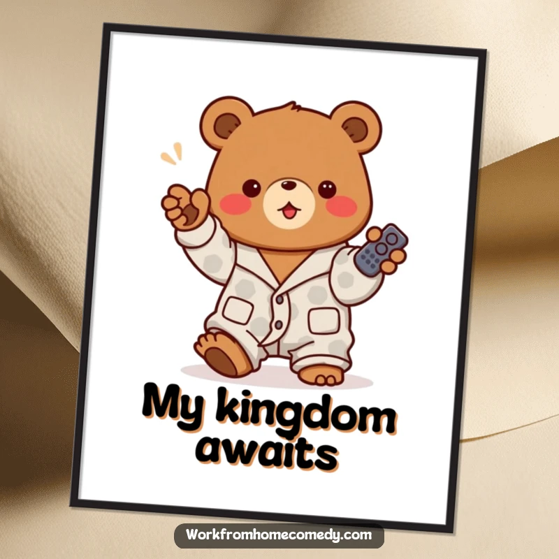 Funny brown bear in pajamas enthusiastically gesturing with a remote control on a digital art print, symbolizing cozy entertainment leadership.