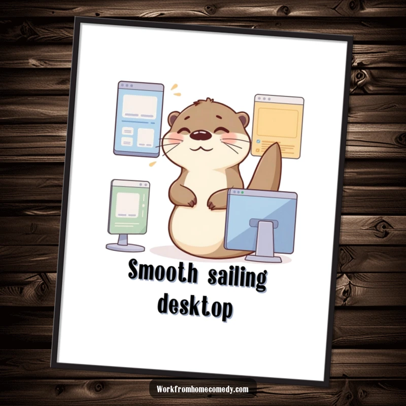 Funny Otter Digital Art Print: An otter smoothly glides between virtual windows with a contented sigh, embodying office humor.