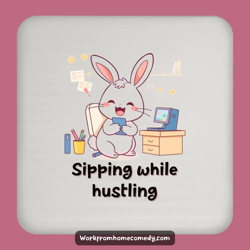 Funny Rabbit WFH Coaster: Protect surfaces with a multitasking design, perfect funny gift.