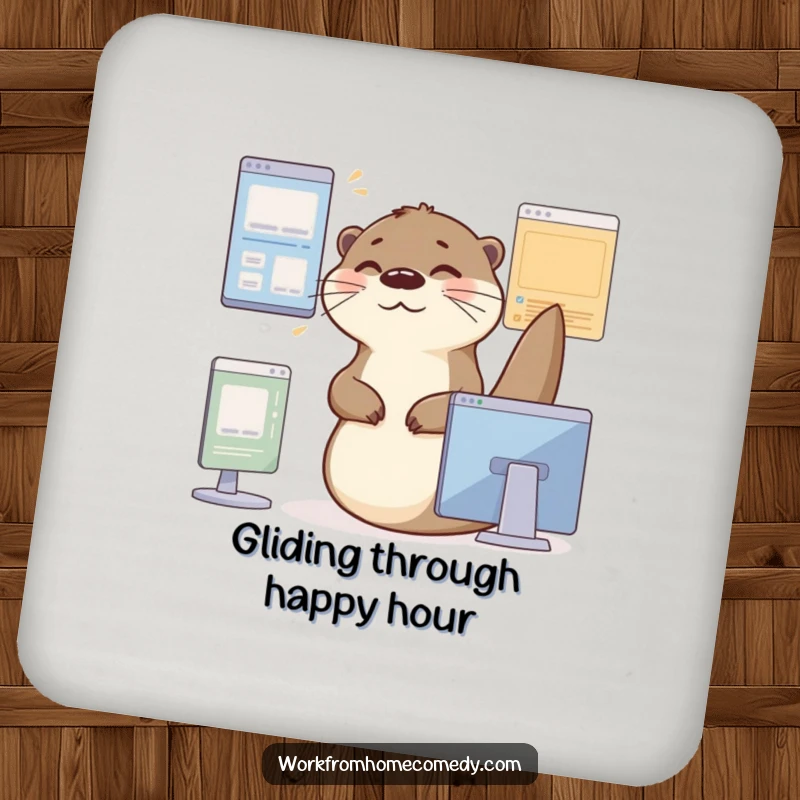 Funny Otter Coaster: An otter gliding between virtual windows with a contented sigh, a humorous and protective surface.