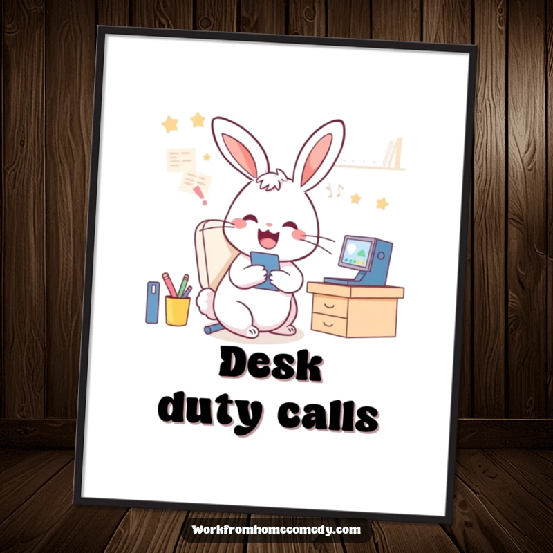 Funny Rabbit Poster: A rabbit energetically juggles video calls and desk tidying, symbolizing humorous WFH multitasking.