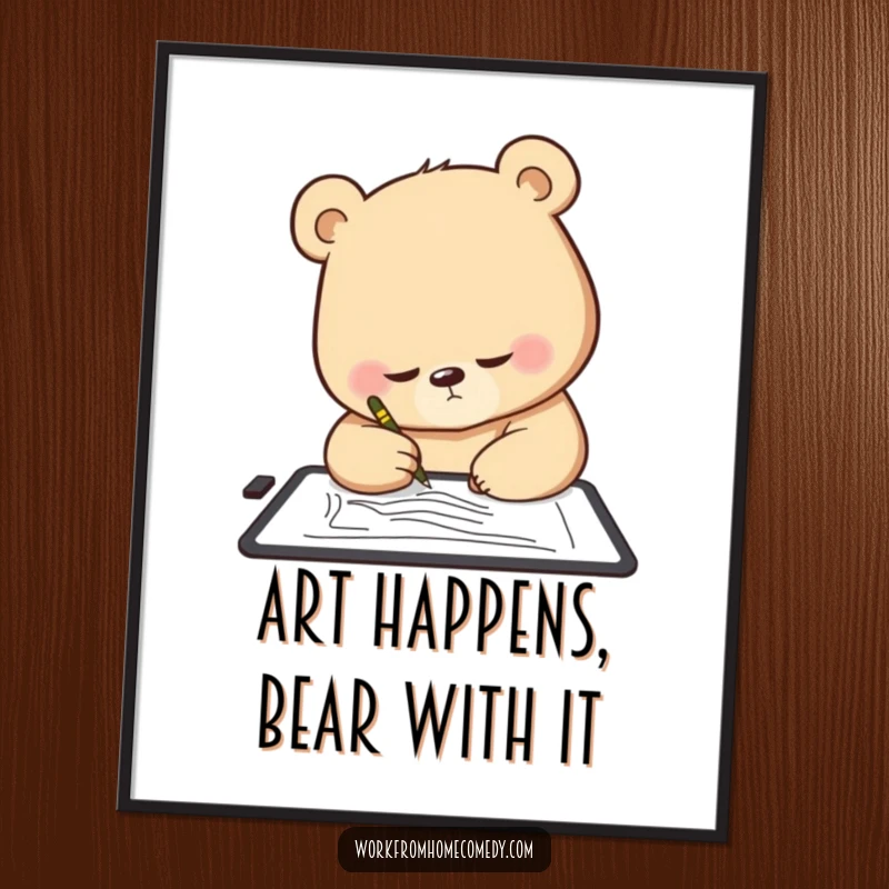 Funny Free Printable Wall Art: Determined bear intently sketches on a digital tablet with focus.
