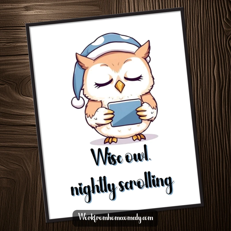 Funny Free Printable Wall Art: A sleepy owl wearing a nightcap nods off while holding a tablet, radiating tranquility and humor.