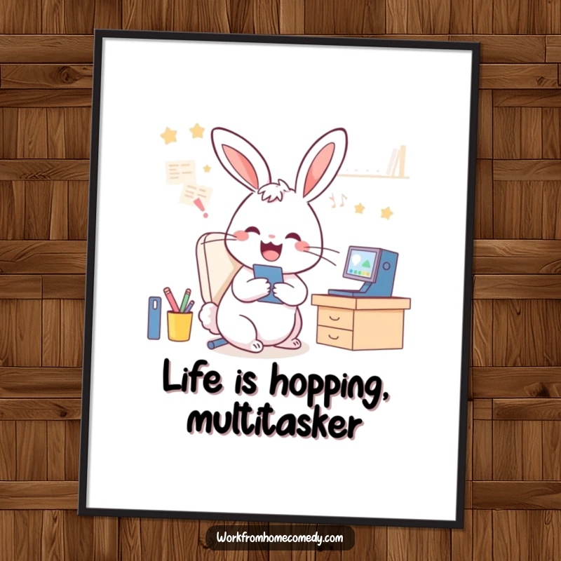 Funny Free Printable Wall Art: Playful rabbit on video calls while tidying desk, looking busy.
