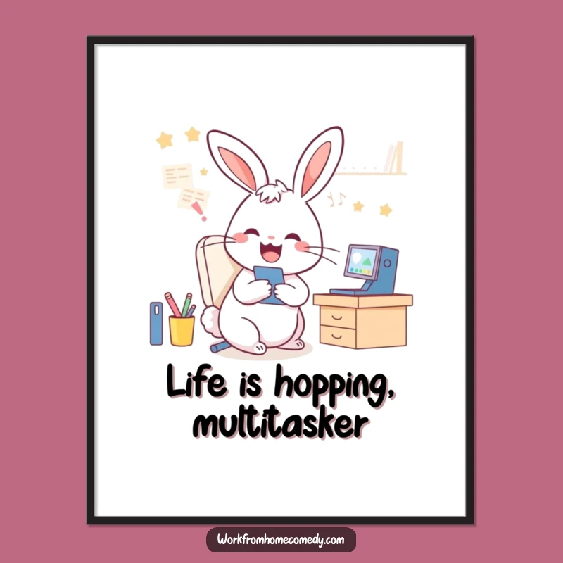 Free Printable Wall Art: Playful Rabbit Multitasking Video Calls Downloadable Art