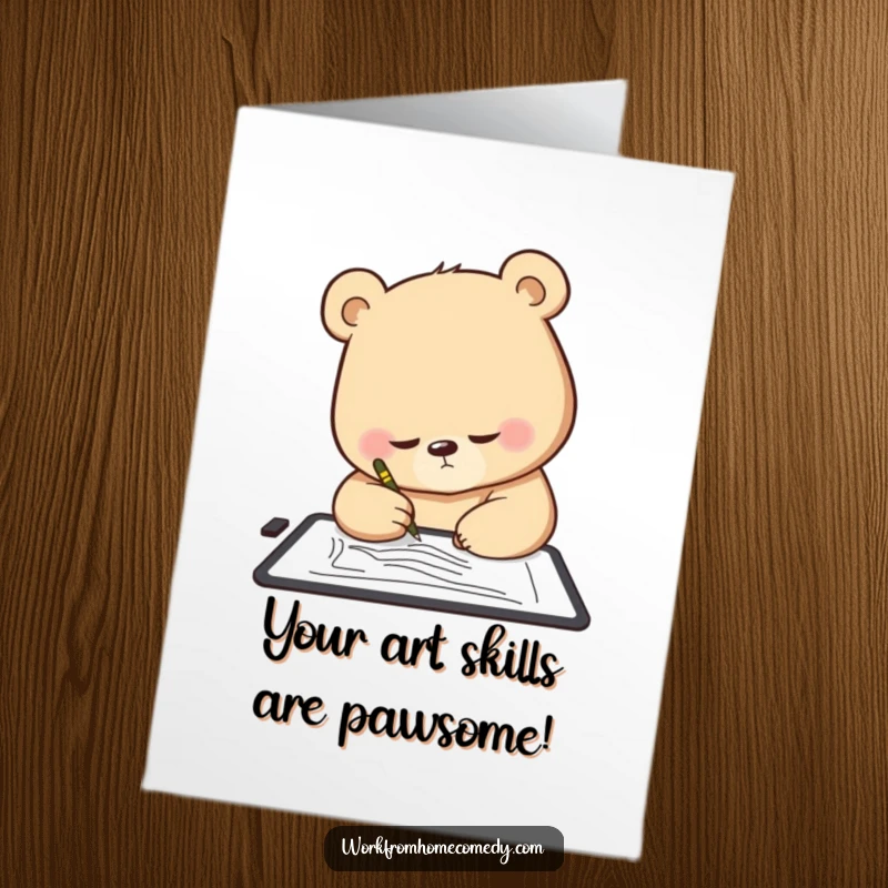Funny Free Printable Congratulations Card: Focused bear sketches on a tablet, celebrating artistic achievement.