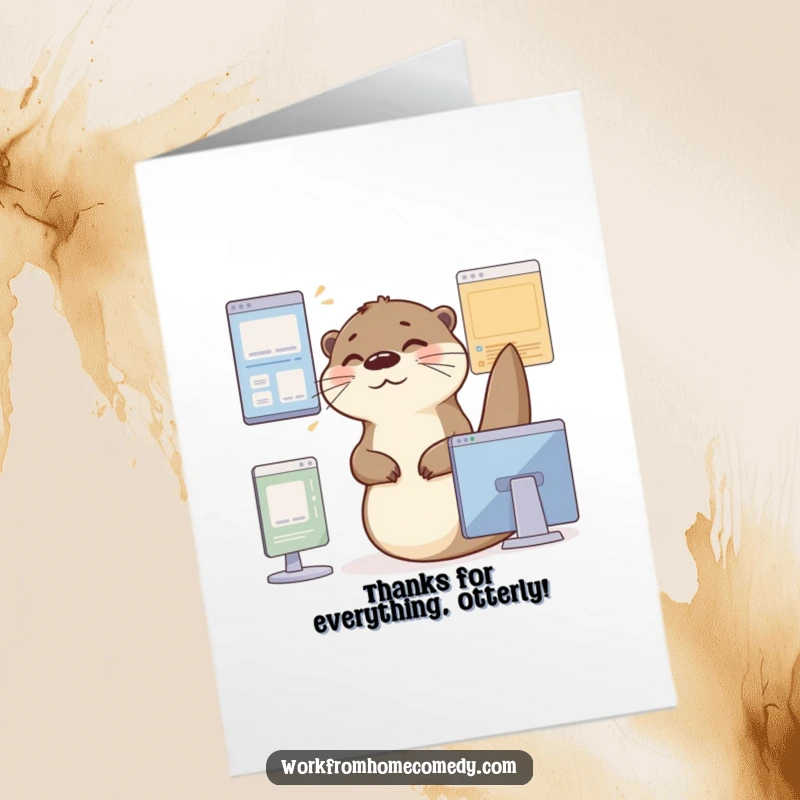 Funny Free Printable Thank You Card: Busy otter sighs contentedly while gliding between virtual windows.