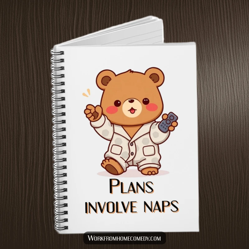 Funny brown bear in pajamas enthusiastically holding a remote control on a notebook cover, inspiring plans for relaxation and entertainment.