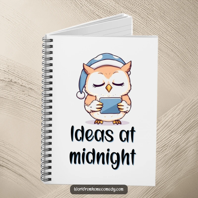 Funny owl in a nightcap nodding off while holding a tablet on a notebook cover, inspiring sleepy thoughts and digital notes.