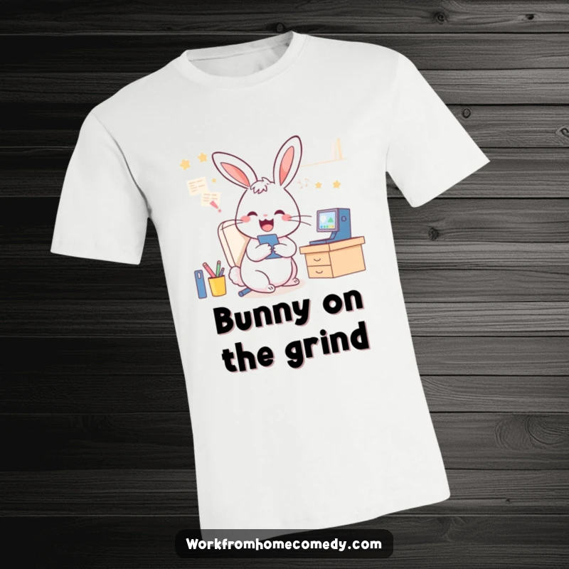 Funny Rabbit T-Shirt: A playful rabbit is busy on video calls while tidying its desk, highlighting WFH humor.