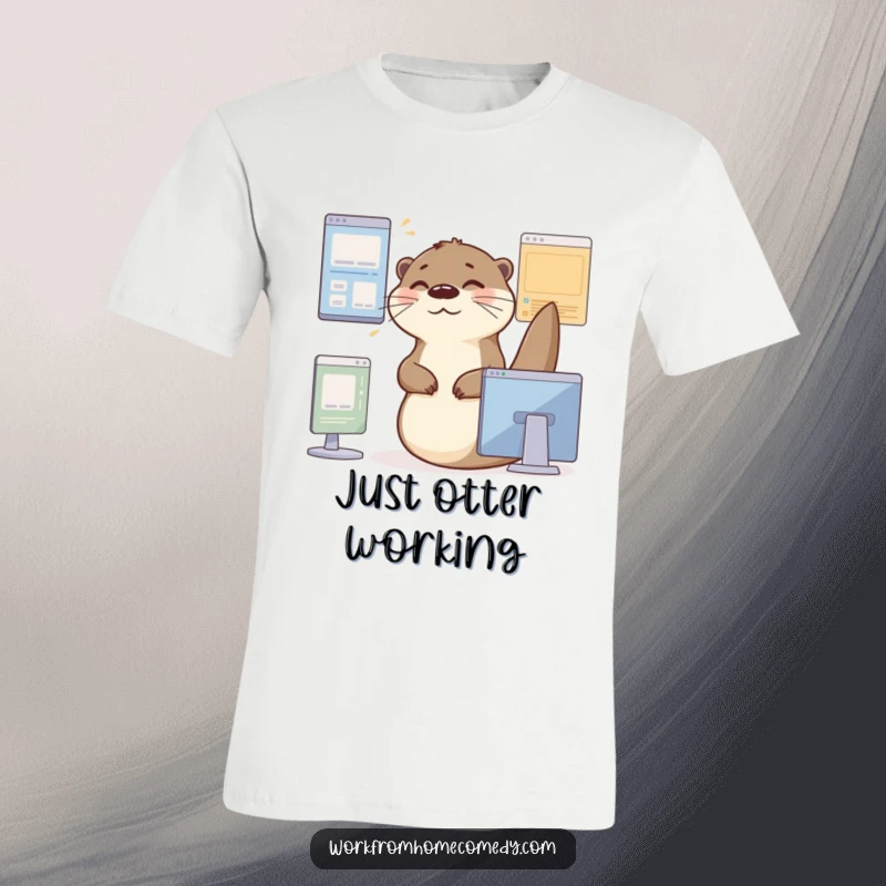 Funny Otter T-Shirt: A busy otter smoothly navigates multiple virtual windows, expressing contented multitasking humor.