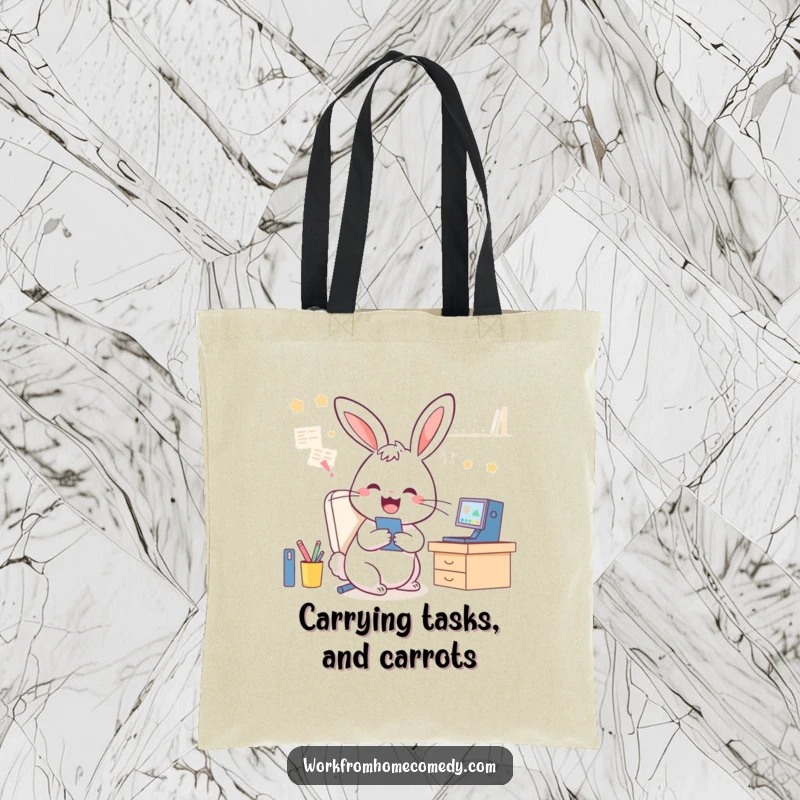 Funny Rabbit Tote Bag: A playful rabbit multitasking between video calls and desk tidying, a humorous WFH accessory.