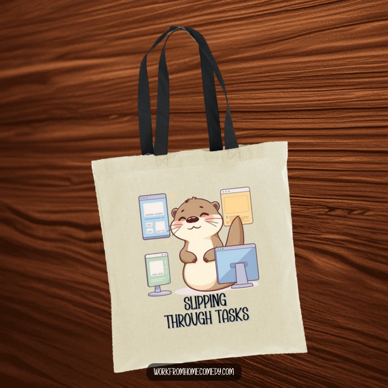 Funny Otter Tote Bag: A busy otter gliding between virtual windows with a contented sigh, a humorous accessory.